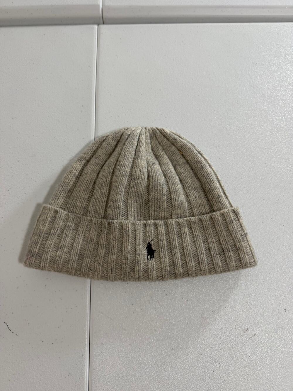 Polo Ralph Lauren Ribbed Knit Beanie Oatmeal Tan Embroidered Pony Logo Wool